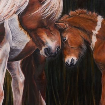 Voor de liefde van een kind, ijslandse paarden olieverf schilderij poster moederliefde